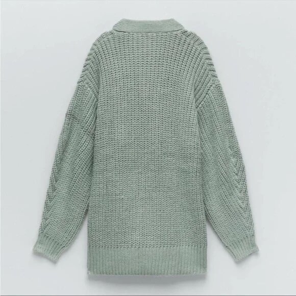 ZARA Sage Green Knit Wrap Tie Belt Cardigan M Sweater Chunky Knit Cozy Soft Long - Picture 4 of 16